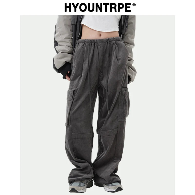 women high street corduroy pants casual elastic waist side pocket loose straight pant unisex hip hop y2k loose streetwear jogger streetwear sweatpants