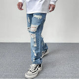 Harajuku Frayed Hole Straight Washed Retro Baggy Men's Jeans High Street Ripped Hip Hop Casual Oversized Denim Trousers