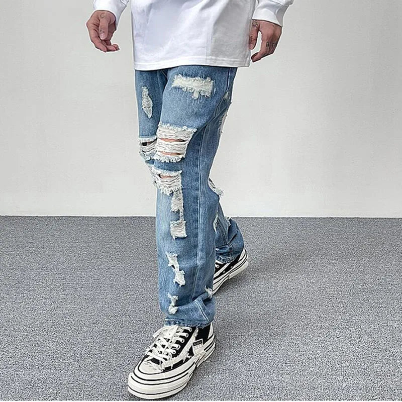 Harajuku Frayed Hole Straight Washed Retro Baggy Men's Jeans High Street Ripped Hip Hop Casual Oversized Denim Trousers