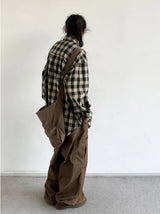 japanese college mens sets rough edge embroidery plaid shirt jackets big pocket retro cargo pants 2 pcs 2024 new casual suits unique cargo style 4440
