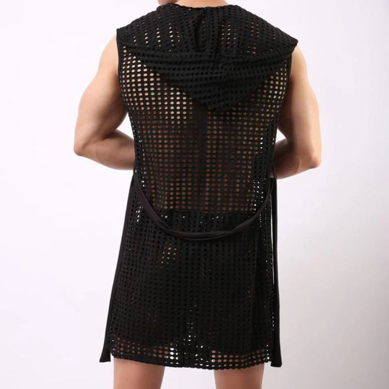 Men Robes Brand Male Sexy Bathrobe Sleepwear Sleeveless Bath Robe Sleep Lounge Badjas Cutout Cardigan Loungewear Mesh Menswear