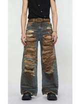 2 pieces sets mens dirty graffiti wide shouder denim jeans jacket coat and ripped holes wide legs pants joggers streetwear sets unique joggers style 4558