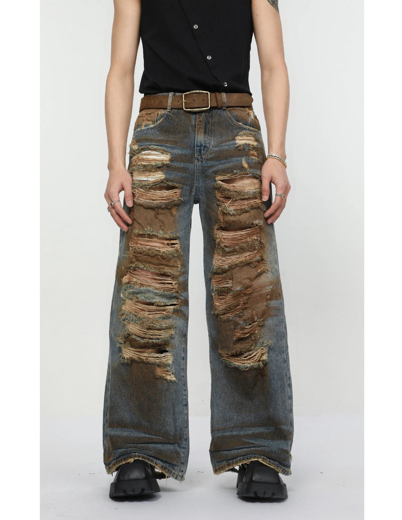 2 pieces sets mens dirty graffiti wide shouder denim jeans jacket coat and ripped holes wide legs pants joggers streetwear sets unique joggers style 4558