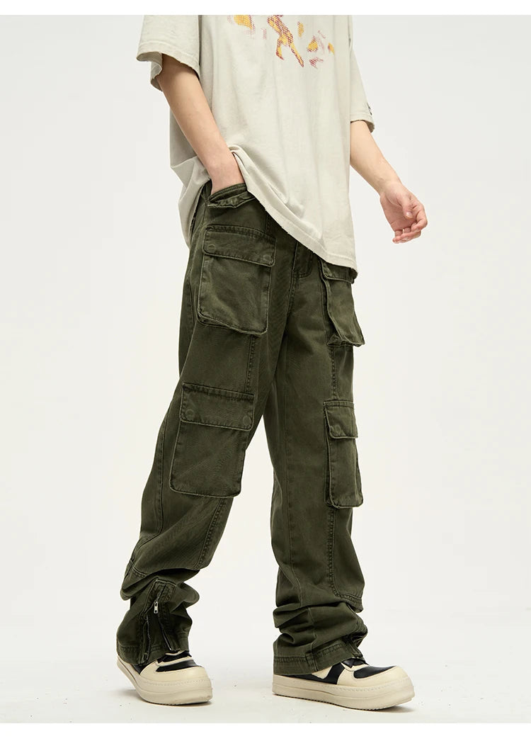 mens loose streetwear cargo straight pants high street casual bottom zipper multi pocket trousers hip hop safari style joggers unique joggers style 3306