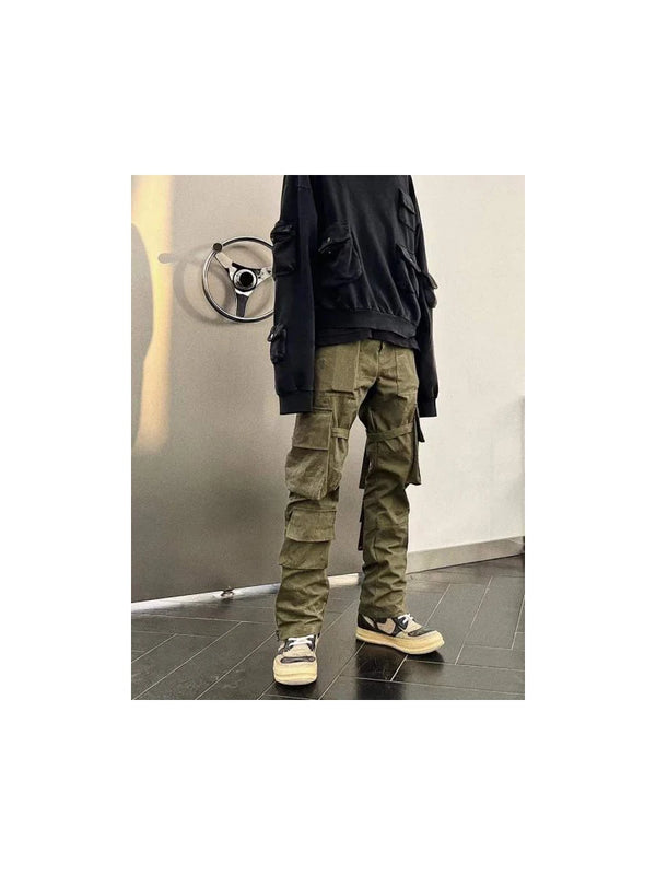 high street multi pockets tooling pants men army green cargo pants hip hop mopping trousers with band multi-pocket cargos