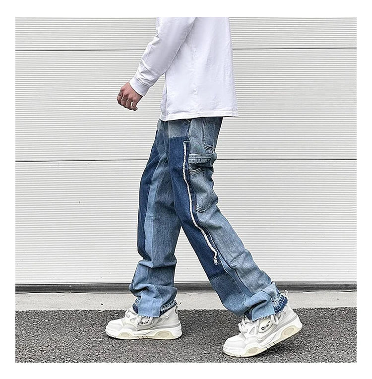 patchwork design denim flare jeans pants men casual zipper straight biker trousers jeans fashion streetwear hip hop jean joggers unique joggers style 2609
