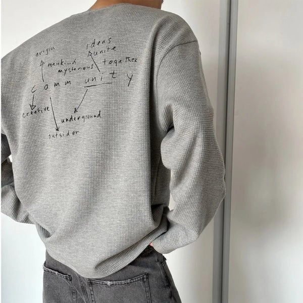 Trendy Korean Style Personalized Floral Gray Waffle Print Long-sleeved Autumn American Men's Women's Y2K Round Neck Sweatshirt
