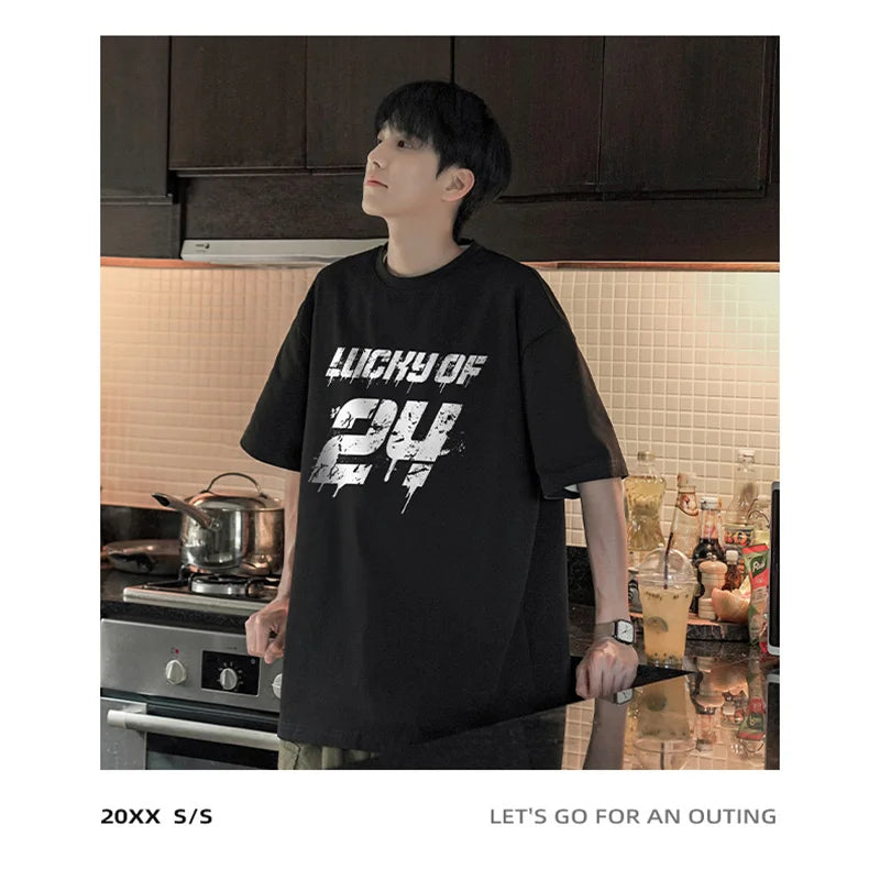 Y2k Vintage anime – Lucky Of 24 Printed Y2K Tshirts Men Fashion Cotton Short Sle