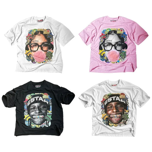 Harajuku Graphic tee – Retro Anime Portrait Print Fashion Short Sleeved Tops Men Y2
