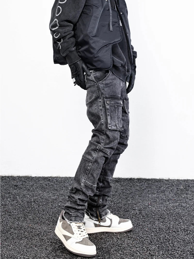 retro washed denim jeans mens bottom zipper jean trousers with pockets hip hop fashion high street slim fit pants joggers jeans casual joggers