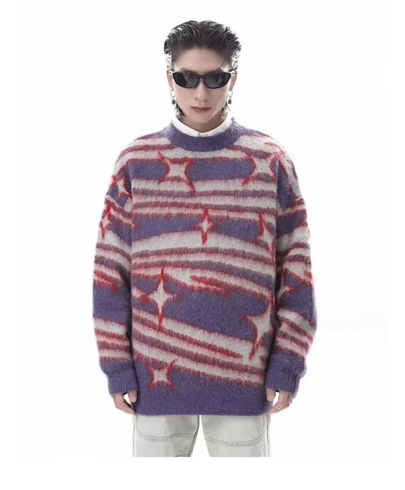japanese hip hop sweater set men contrast zebra pattern round neck knit top splicing distressed loose jeans 2 pcs harajuku suit unique jeans style 4530