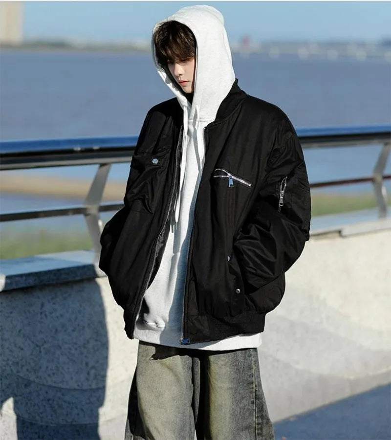High Street Pilot Cotton Jackets Mens Thickening Winter Tooling Trendy Profile Warm Bomber Coats Unisex Baseball Collar Parkas