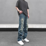 high street distressed black hole washed destroyed jeans casual ripped logging pants straight wide leg denim pants for men denim street jeans