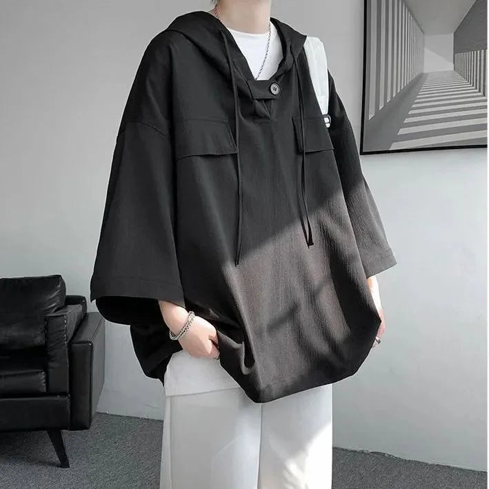 Anime Oversized shirt – Mens Summer Casual Short Sleeve Hooded T Shirt Fashion Overs