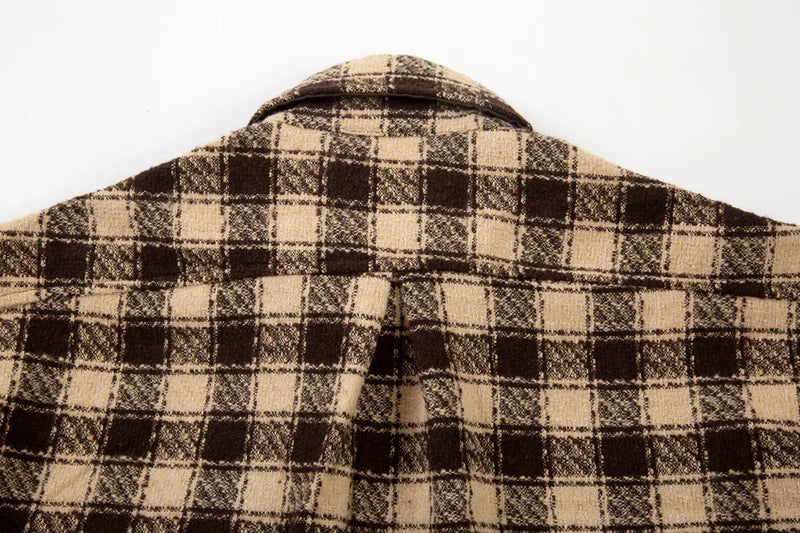 Side Split Irregualr Hem Color Match Plaid Long leeve Shirts Men's Autumn Pockets Streetwear Oversized Checkered Top Tees