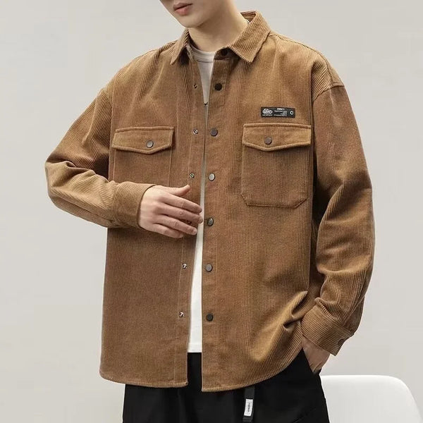 Gothic Long Sleeve Dress Shirt – Korean Fashion Long Sleeve Corduroy Shirts For Men Y2K Vintage Loose Casual Jacket Streetwear Appliques Cargo Shirt Blouses | Button Shirt Drop #952