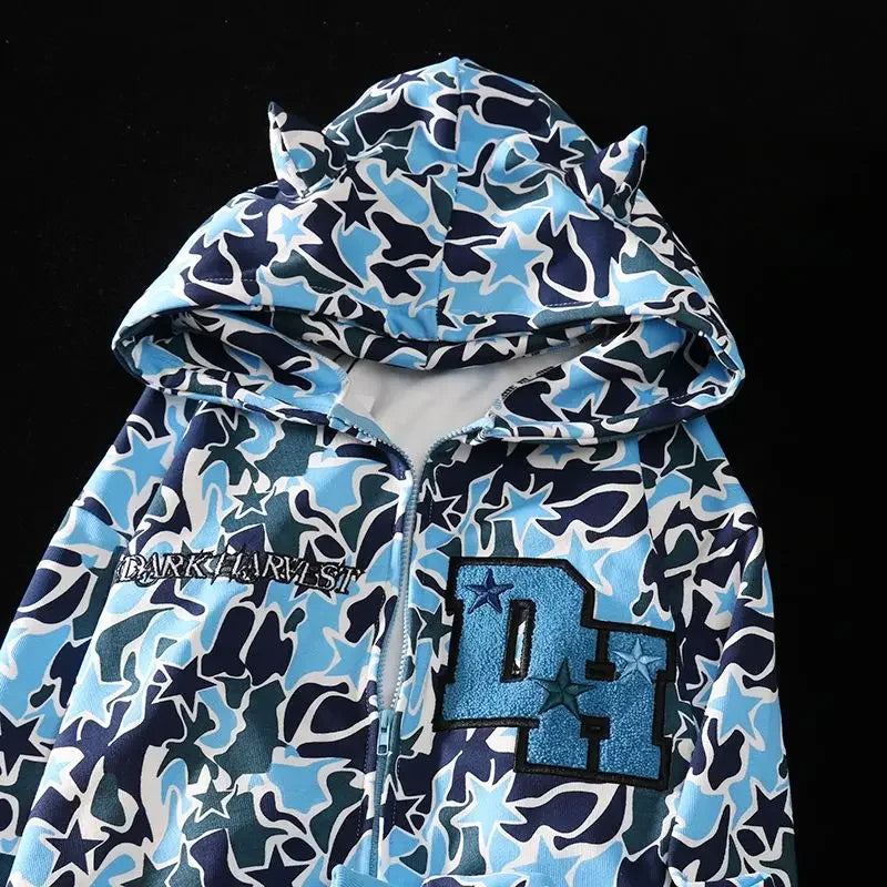 Harajuku Oversized Camouflage Demon Embroidery Hoodies Sweatshirt Goth