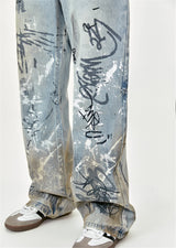 men baggy jeans graffiti printed loose straight denim pants luxury designer jeans male streetwear hip hop jeans trousers y2k unique jeans style 4536