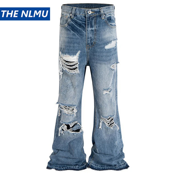 mens fashion ripped jeans blue distressed flared denim pants baggy jeans trousers male luxury designer jeans denim street jeans