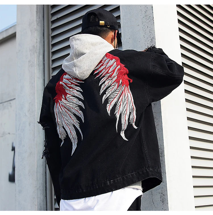 back wing embroidery denim jacket coat mens fashion hip hop harajuku jean coats outerwear casual streetwear jeans baggy jacke - variant style 822fe1 for streetwear fashion