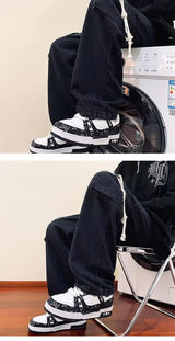 american retro and personalized straight leg jeans for men and women with hiphop big pocket design work pants loose casual pants unique jeans style 774