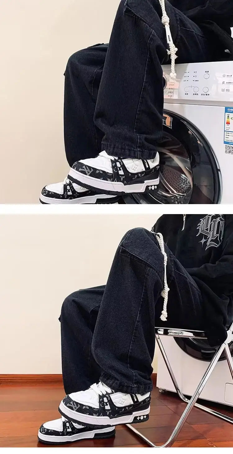 american retro and personalized straight leg jeans for men and women with hiphop big pocket design work pants loose casual pants unique jeans style 774