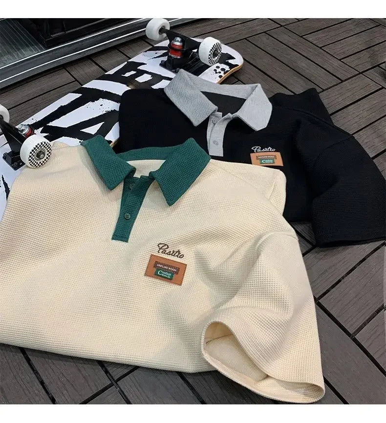 Hip Hop American Street Men and Women Trendy Personality Polo Shirt Short sleeved Summer Waffle Vintage Casual