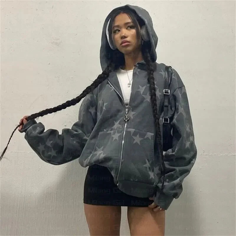 Women Long Sleeved Zip Hoodie Jacket Oversize Streetwear Vintage Fashi