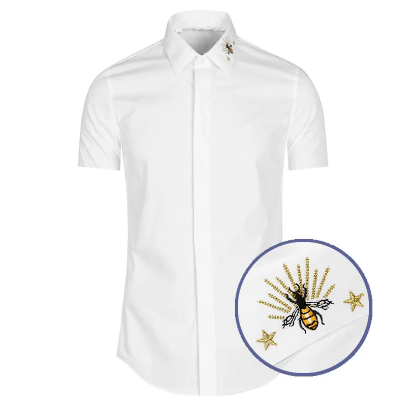 New 2022 luxury Men Classic Embroidered star bee Fashion Cotton Casual Shirts Shirt high quality Pocket Short sleeves #A40