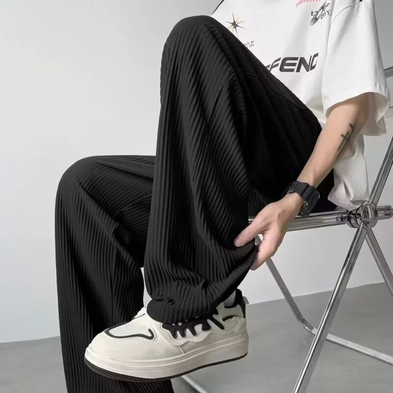 summer texture straight pants for men korean fashion baggy wide leg trousers casual drape pleated striped y2k pantalones hombre menswear bottoms