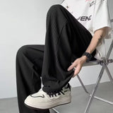 summer texture straight pants for men korean fashion baggy wide leg trousers casual drape pleated striped y2k pantalones hombre menswear bottoms