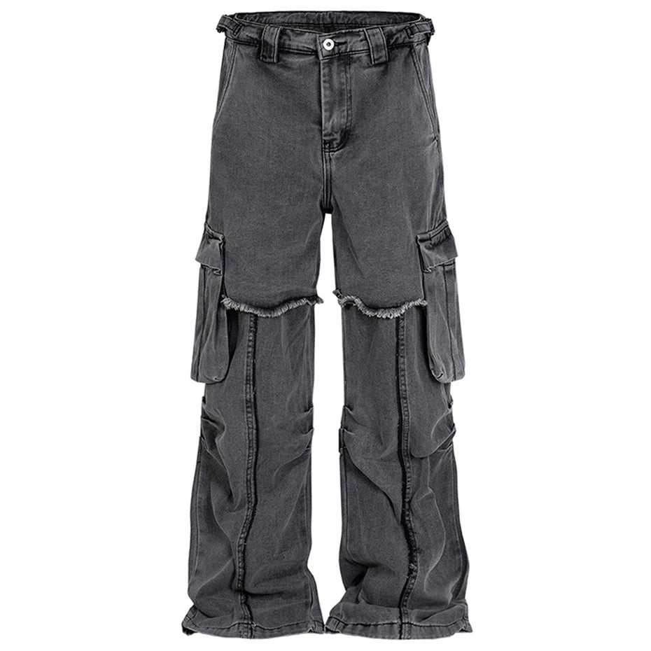 hi street black jeans side pockets patchwork cargo denim pants men streetwear hip hop baggy jeans trousers loose straight jeans utility cargo pants
