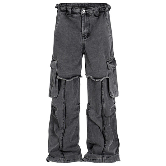 hi street black jeans side pockets patchwork cargo denim pants men streetwear hip hop baggy jeans trousers loose straight jeans utility cargo pants