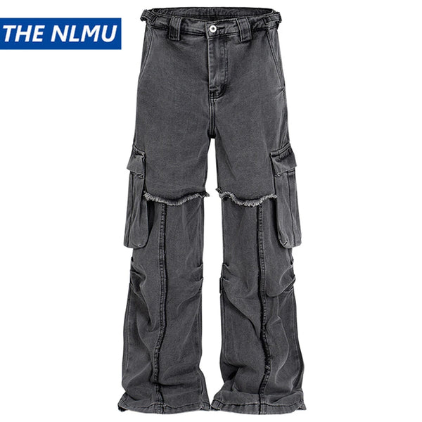 hi street black jeans side pockets patchwork cargo denim pants men streetwear hip hop baggy jeans trousers loose straight jeans utility cargo pants