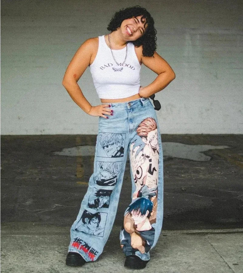 y2k baggy jeans harajuku print pattern streetwear fashion hip hop men women high waisted casual wide leg jeans anime clothes unique jeans style 4354