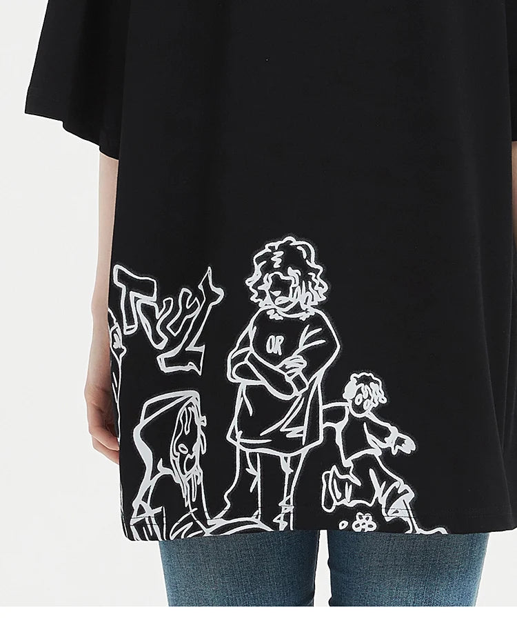 Skatercore Aesthetic print tee – 2023 Harajuku Cartoon Girl Cat Japanese Kanji Graphic T Shir