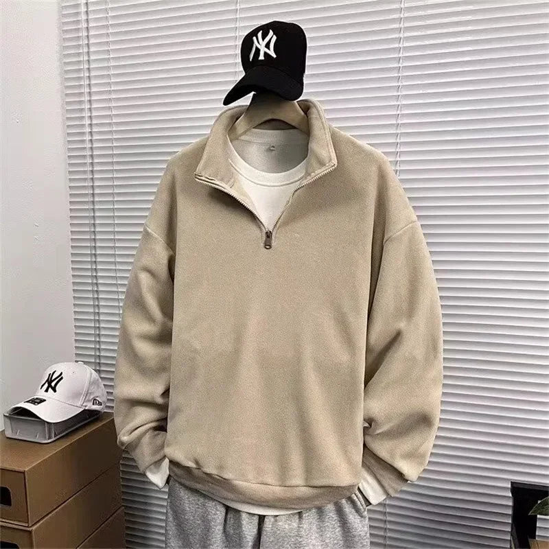 Mens Polar Fleece Half Zip Turtleneck Sweatshirts Korean Fashion Loose