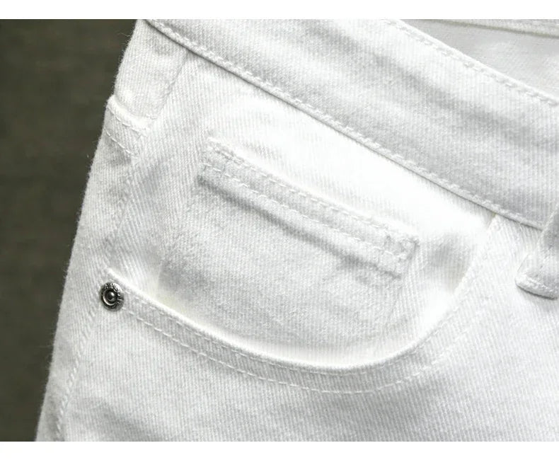 new white jeans shorts men fashion ripped knee length pants simple casual slim hole denim shorts male streetwear unique jeans style 1190