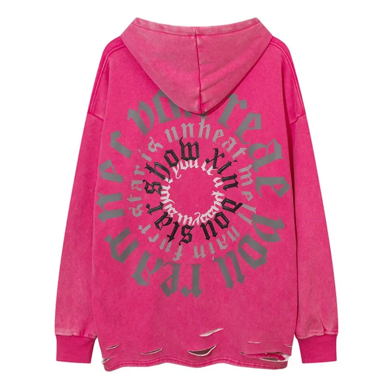 Harajuku tribal flames featuring fashion letter printed hoodie hip hop retro washed bottom ripped sweatshirt streetwear men hooded warm fleece loose tops hoodies