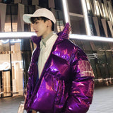 Winter Jacket Men Parkas Thicken Warm Coat Stand Collar Oversize Parkas Bright Leather Fabric Jacket Korean Style Padded Coat