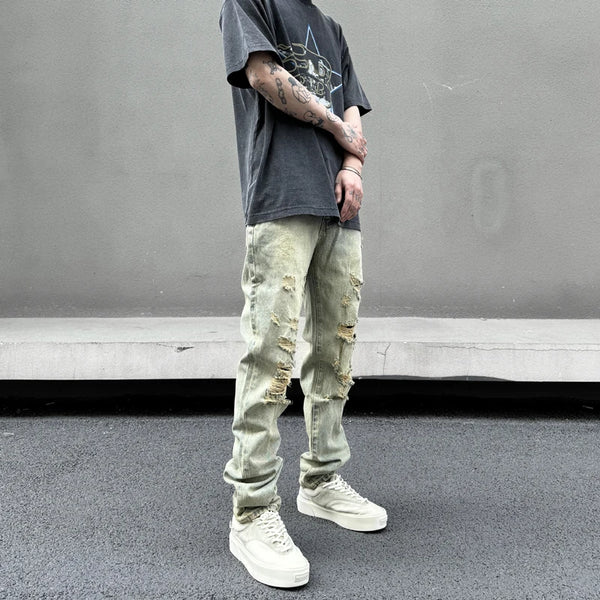 retro washed skinny jeans men pant destroyed ripped holes slim biker zipper jeans trousers fashion streetwear hip hop joggers sporty tapered joggers