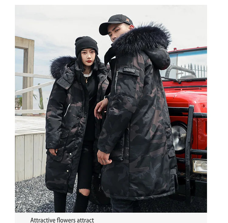 Korean Style Winter Long Parka Coat Men Woman Down Jacket Clothing Hooded Fur Collar Thicken Warm Leisure Lovers Overcoat