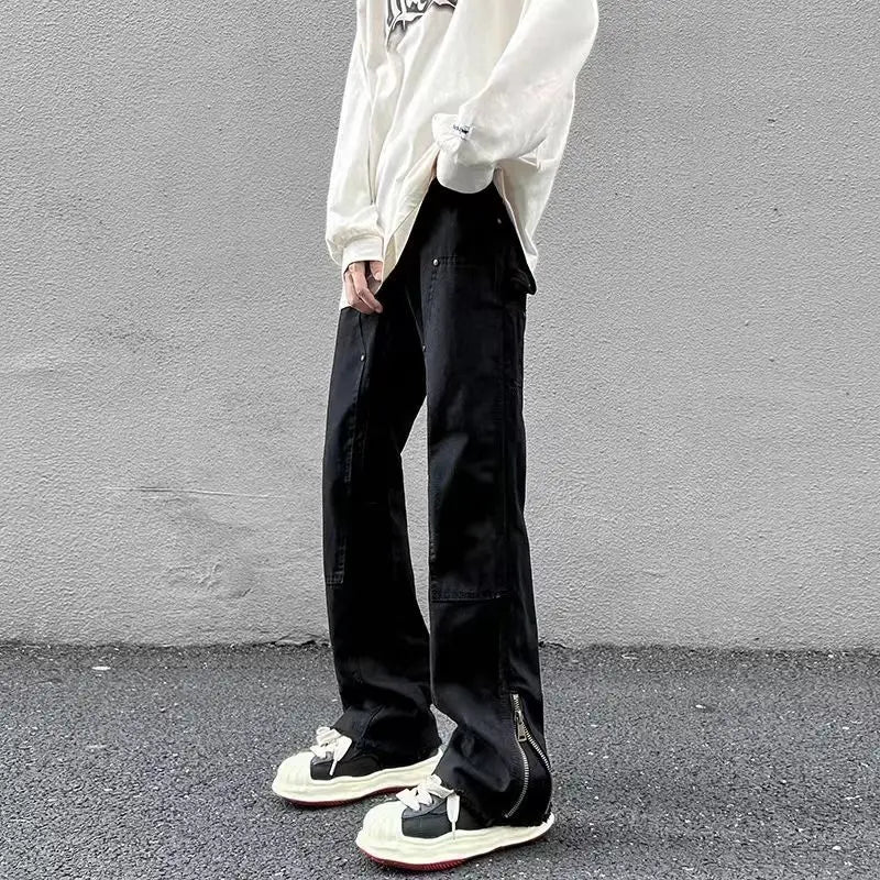 2023 autumn new light luxury fashion retro jeans men zipper straight loose jeans all match boutique clothing simple style unique jeans style 3709