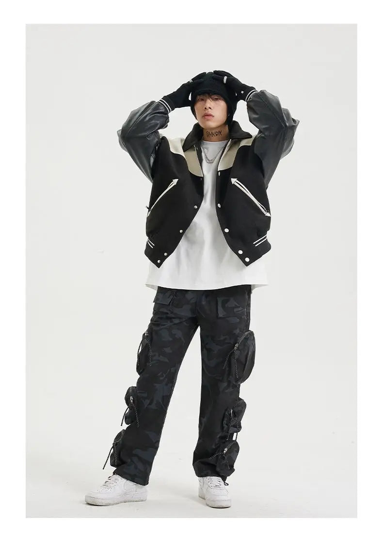 Korean Retro Street PU Leather Patchwork Baseball Jacket Men Autumn Trendy