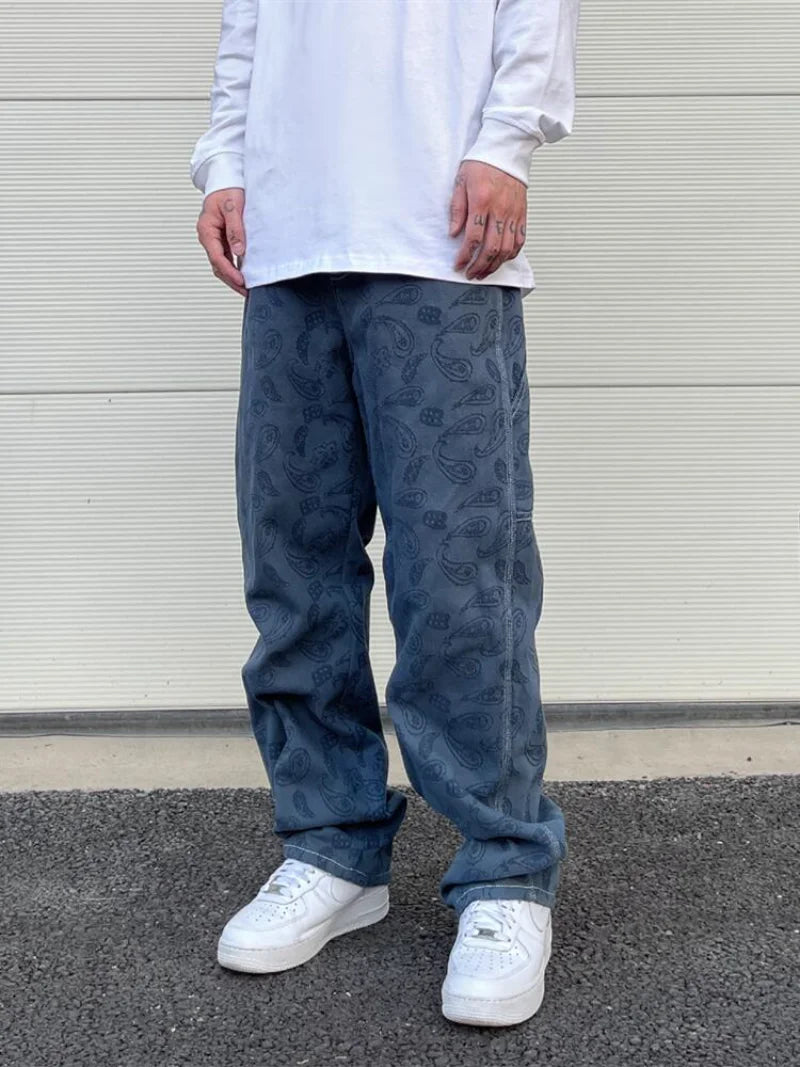 hip hop straight denim jeans pants fashion zipper paisley jeans streetwear mens new casual loose trousers jean pants joggers casual joggers