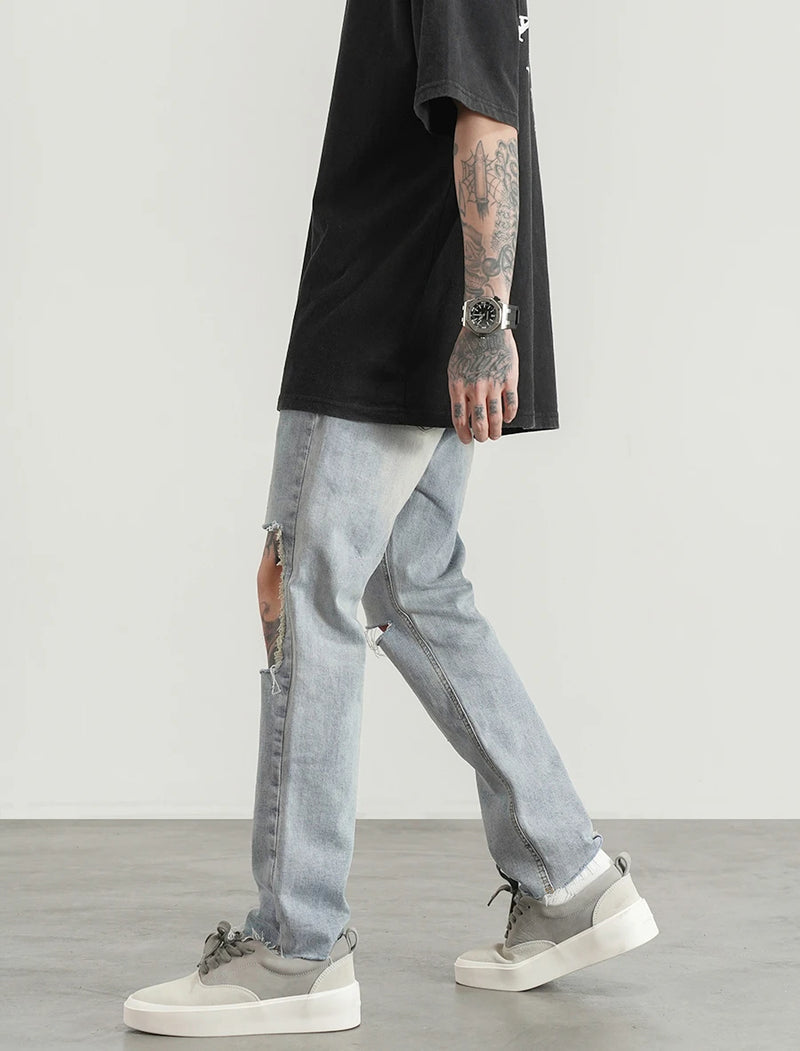 destroied big holes ripped denim jeans mens distressed biker jeans fashion high street slim straight pants streetwear joggers unique joggers style 1371