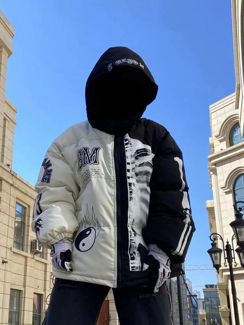 rainbowtouches mens winter parka jacket skeleton print streetwear outwear harajuku padded hooded loose warm coat unisex beige - variant style e730bd for streetwear fashion