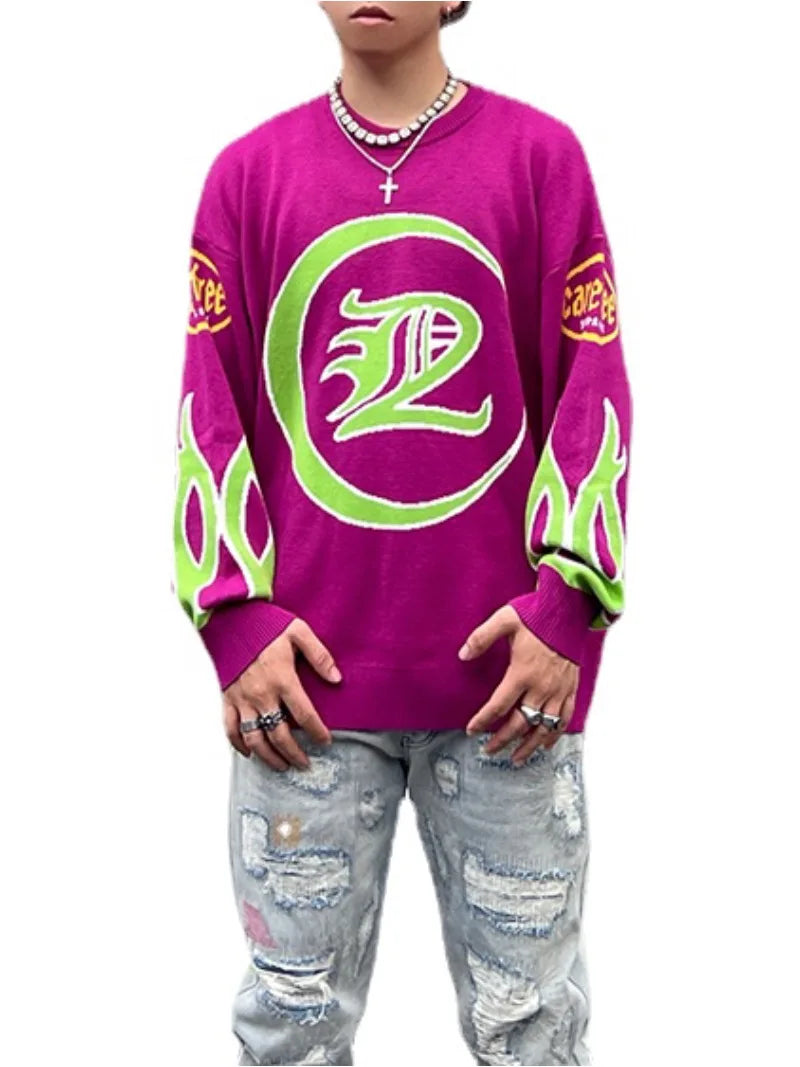 hip hop knitted sweater men letter fire pattern o neck pullover streetwear casual loose sweater unisex harajuku jumpers knitwear Y2K vintage urban hoodie, aesthetic street look hoodie, high quality cotton pullover