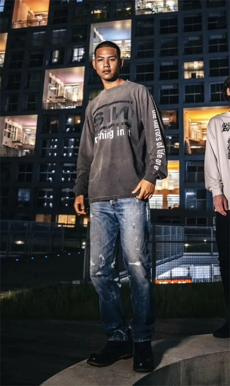 grunge graphic tee featuring summer retro vintage sin print high street distressed worn cotton casual loose long sleeve t shirt pullover