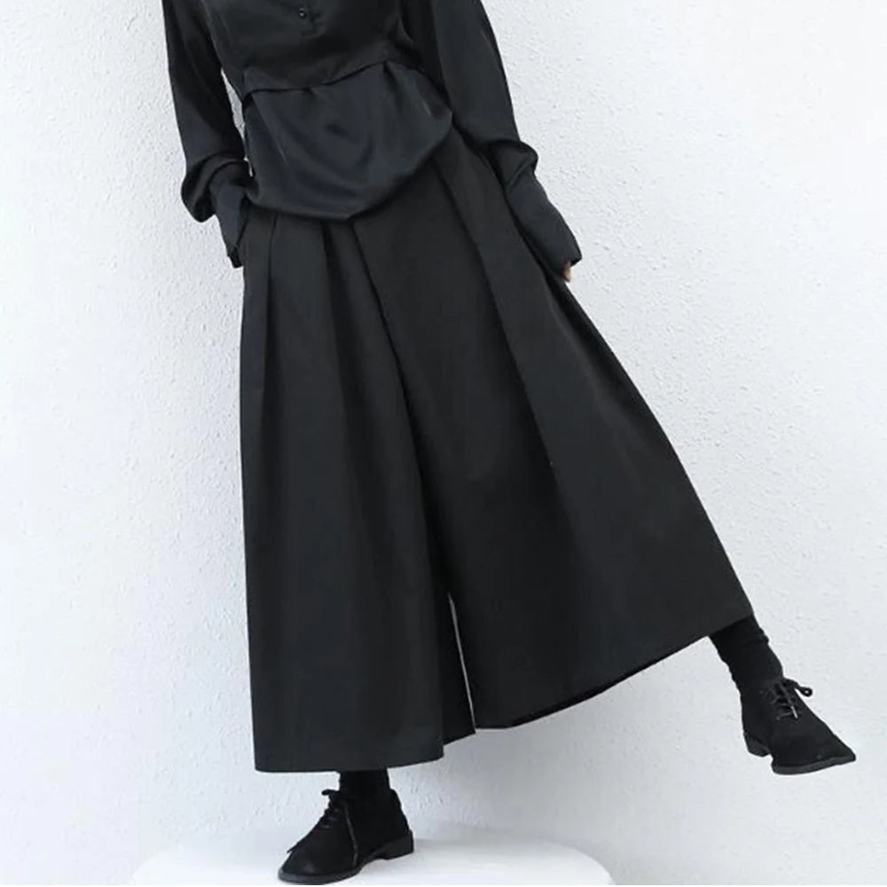 trendy gothic loose casual culottes mens japanese wide leg pants new oversize design streetwear dark black trousers male clothes menswear bottoms